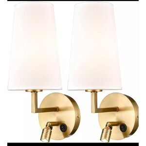 Gold Wall Sconces Set of Two Modern Brass Wall Lamp with Fabric Shade, USB Sconc